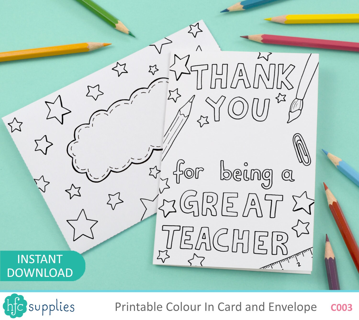 Thank you for being a great teacher printable colour in card and envelope teacher appreciation digital instant download c