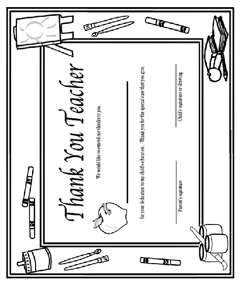 Thank you teacher certificate coloring page
