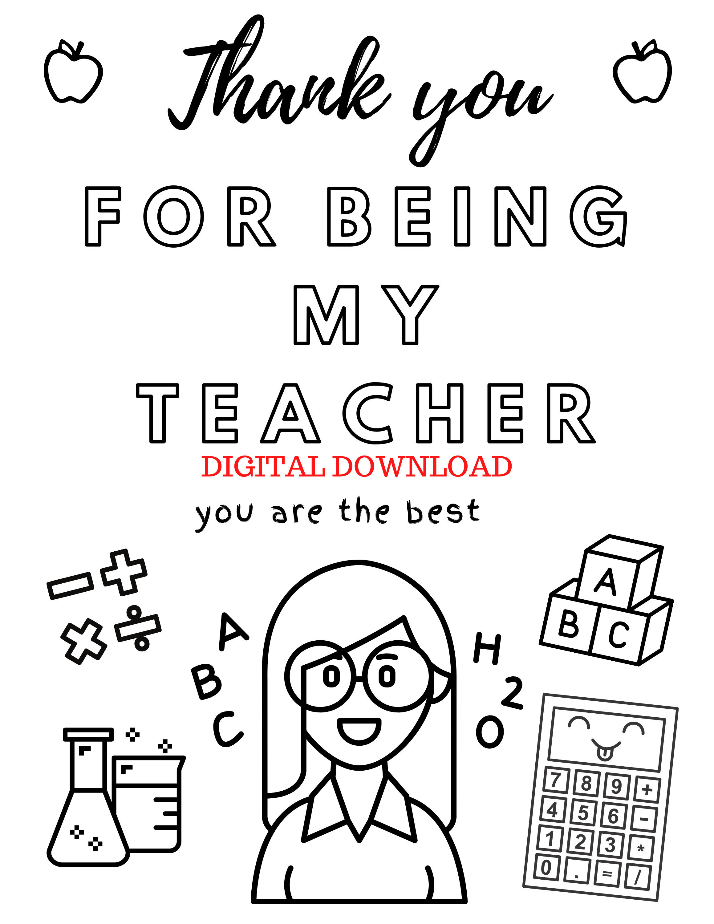 Thank you for being my teacher coloring page female version instant download