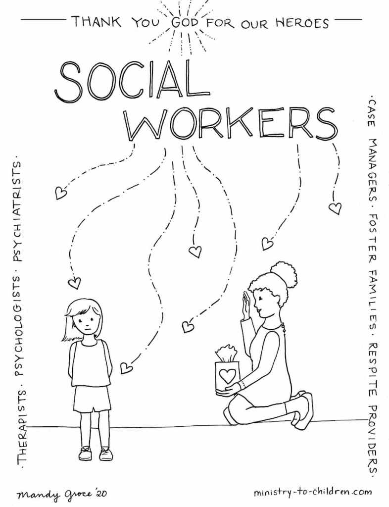 Coloring page social workers are heroes