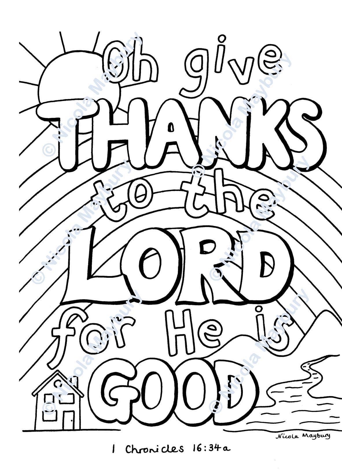 Christian colouring sheet oh give thanks to the lord for he is good downloadable bible verse chronicles a size