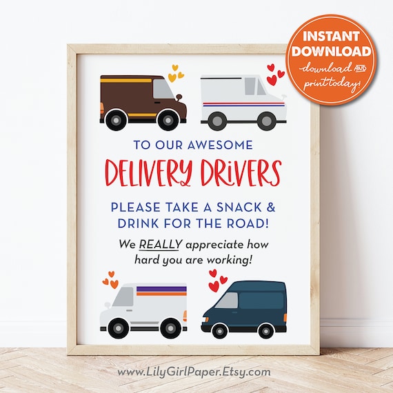 Delivery driver snack drink sign mail carrier packages essential worker thank you sign take snack printable instant download