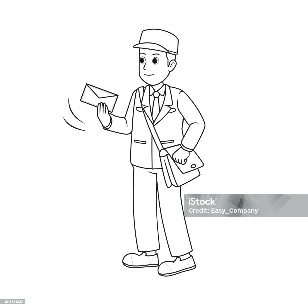 Vector illustration of postman isolated on white background jobs and occupations concept cartoon characters education and school kids coloring page printable activity worksheet flashcard stock illustration