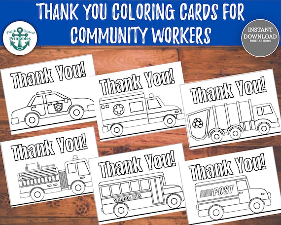 Printable thank you card for munity workers thank you coloring card mail carrier garbage collector firemen police officer school bus