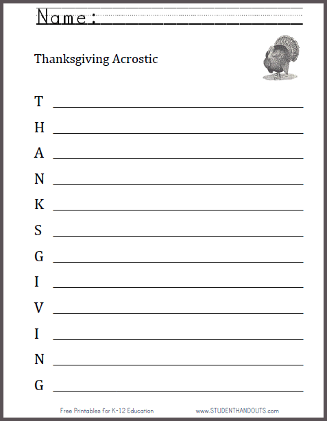 Thanksgiving acrostic poem worksheet