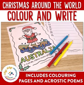 Christmas around the world coloring pages and acrostic poem writing template