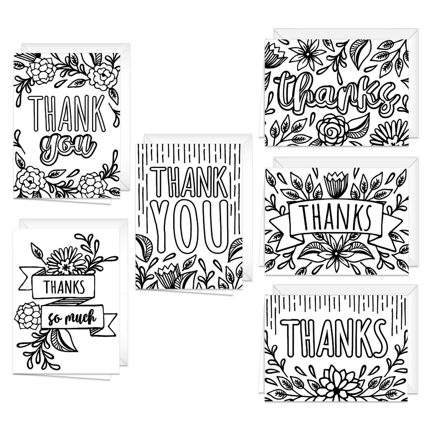 Thank you coloring note cards color yourself grateful cards with envelopes floral appreciation designs x black white coloring gratitude notes office products