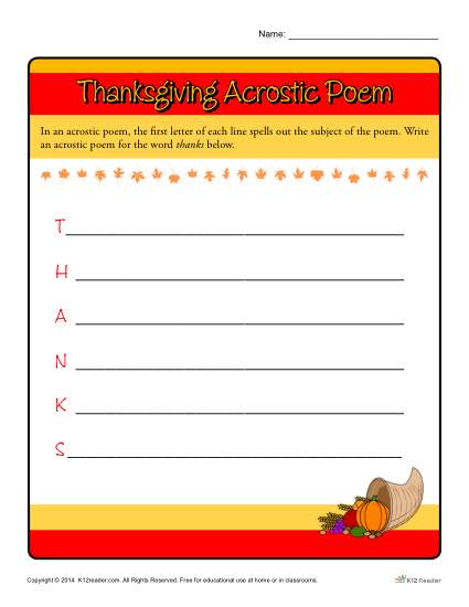 Thanksgiving acrostic poem worksheet