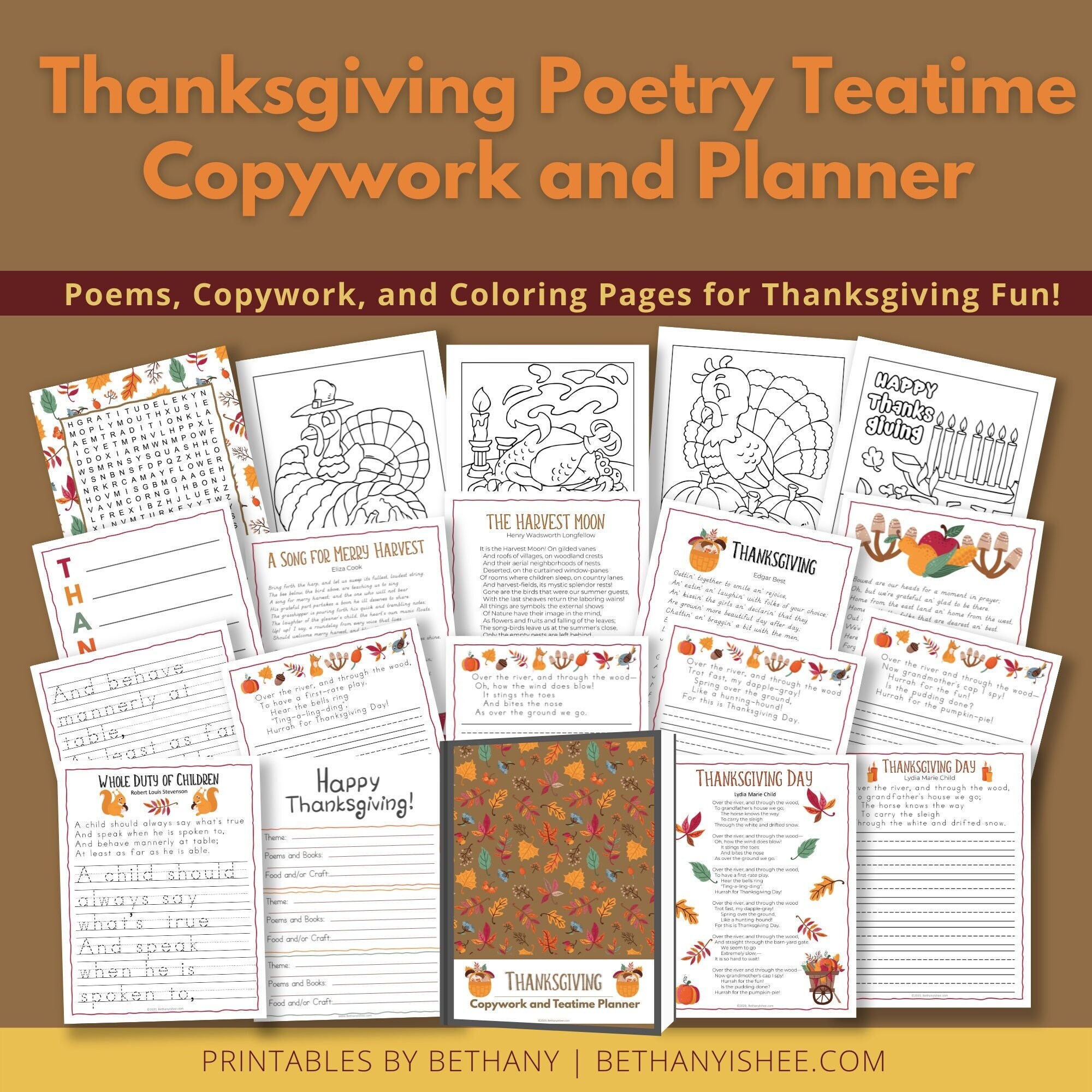 Thanksgiving poetry teatime planner copywork holiday poems for handwriting practice coloring pages and fall fun for kids