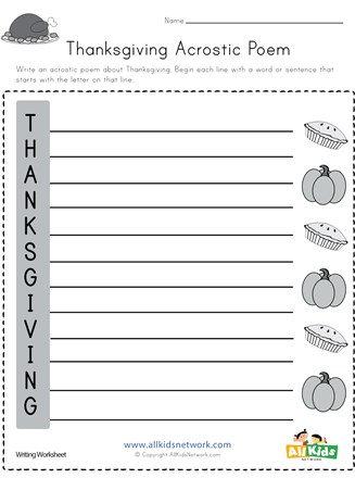 Thanksgiving acrostic poem worksheet all kids network