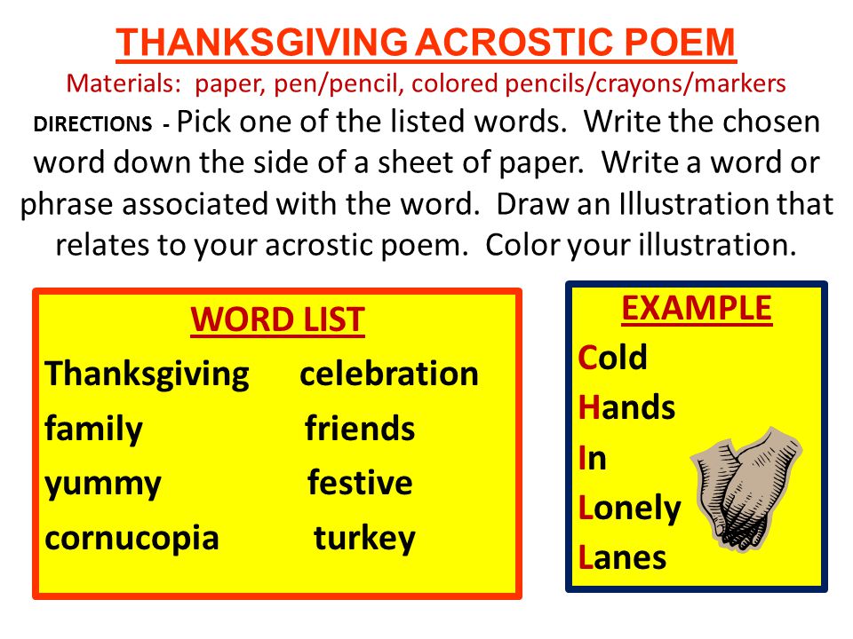 November and thanksgiving activities november acrostic poem materials paper penpencil colored pencilscrayonsmarkers directions