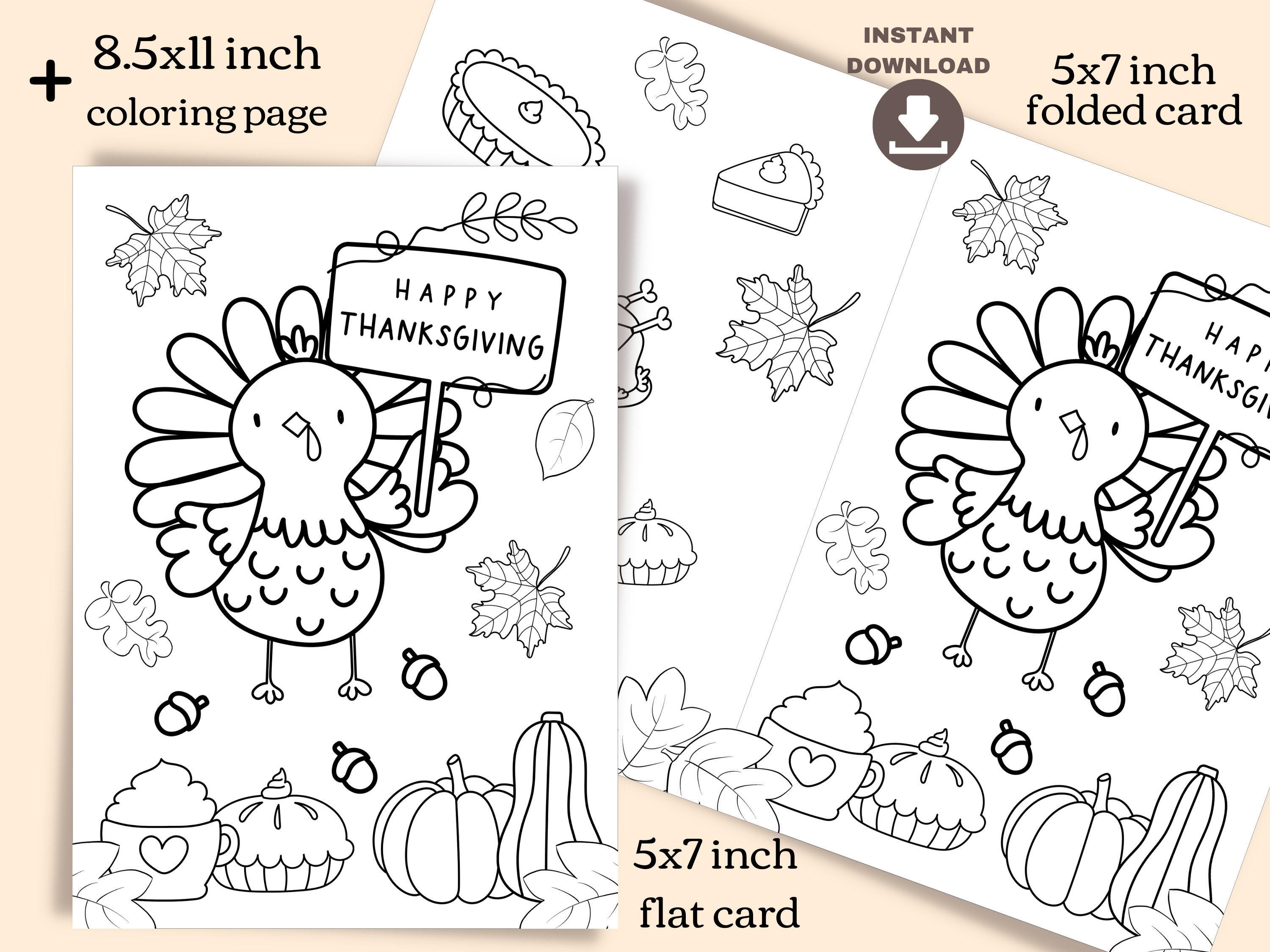 Cute thanksgiving turkey coloring card and coloring page for kids printable thanksgiving cards instant download thanksgiving diy card