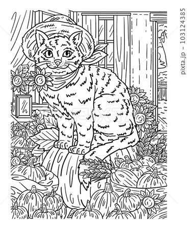 Thanksgiving cat sitting coloring page for adults