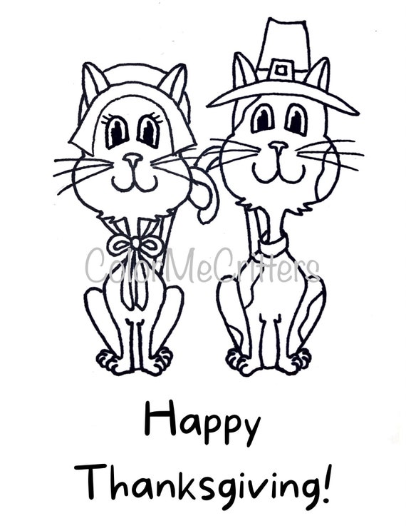 Printable hand drawn thanksgiving pilgrim cats kids coloring