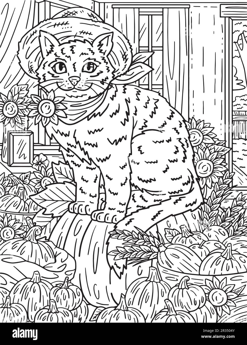 Thanksgiving cat sitting coloring page for adults stock vector image art