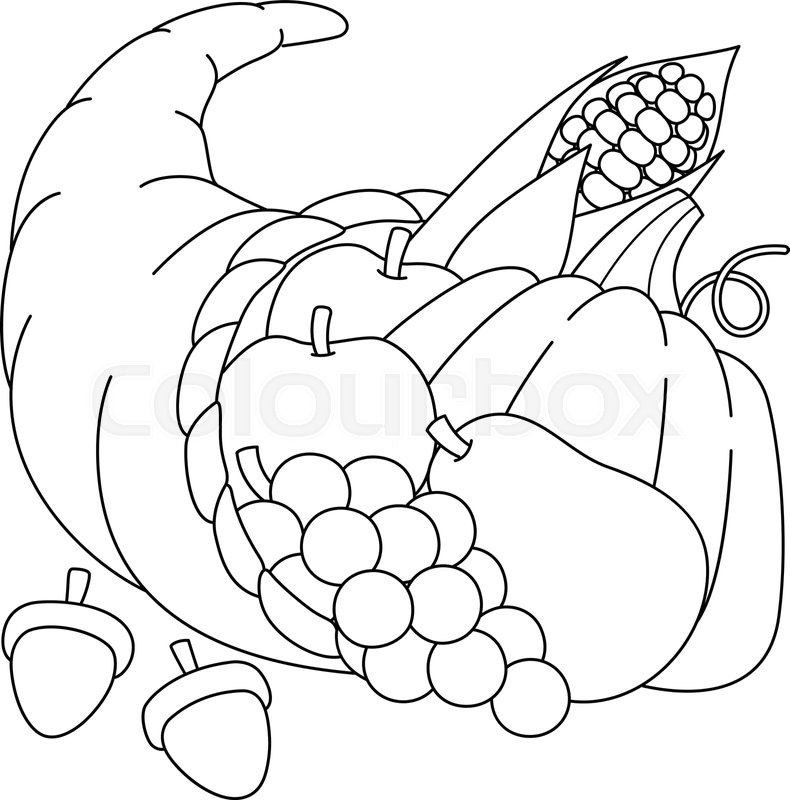 Thanksgiving cornucopia coloring page for kids stock vector