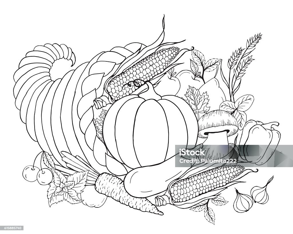 Thanksgiving cornucopia with vegetables stock illustration