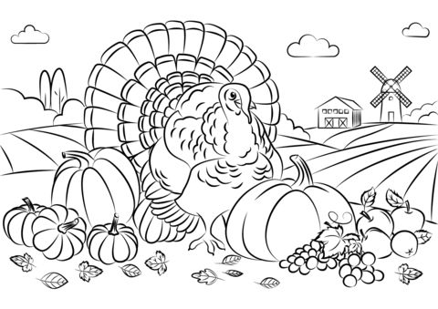 Thanksgiving turkey with harvest coloring page thanksgiving coloring pages coloring pages free printable coloring pages