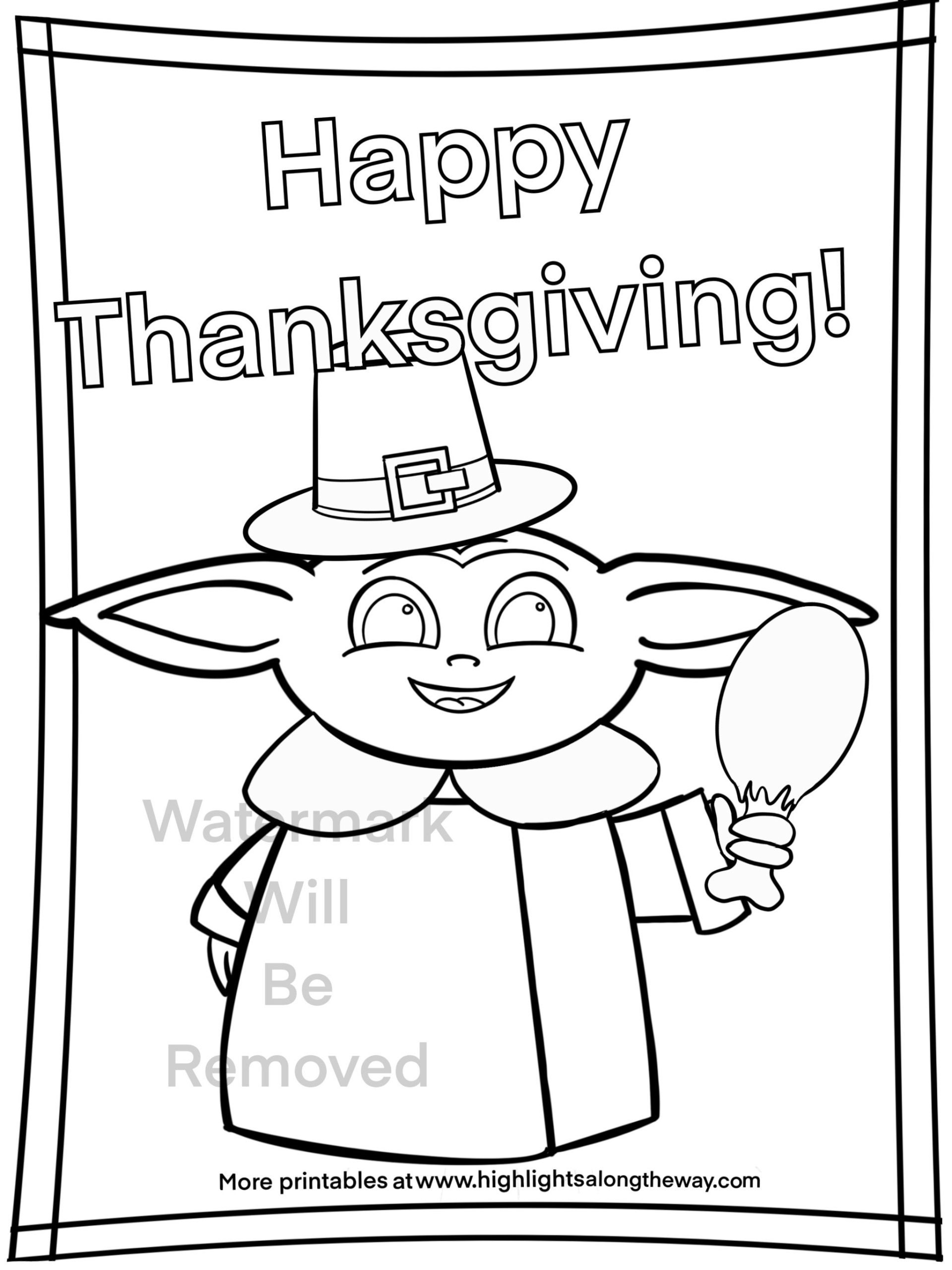 Baby yoda thanksgiving printable coloring activity sheet