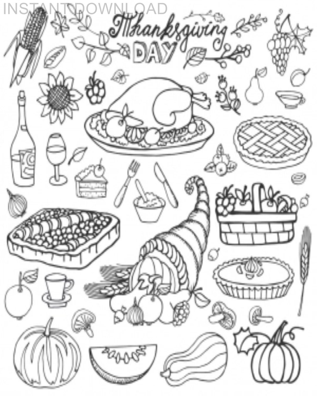 Printable x thanksgiving turkey and treats coloring pageinstant downloaddigital fileplus bonus download now