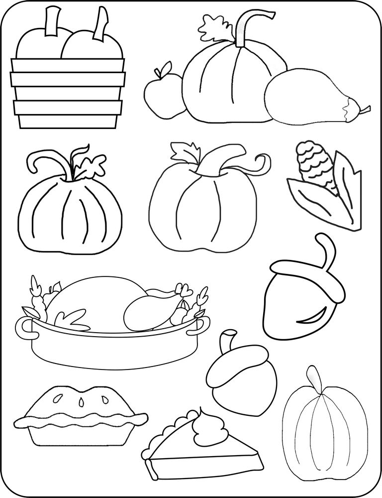 Thanksgiving food outlines turkey acorns pumpkin pie