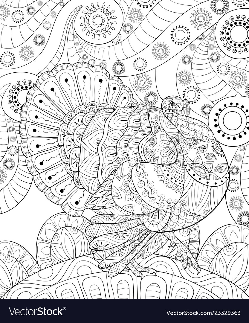 Adult coloring bookpage a thanksgiving turkey vector image