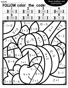 Thanksgiving color by number addition and subtraction