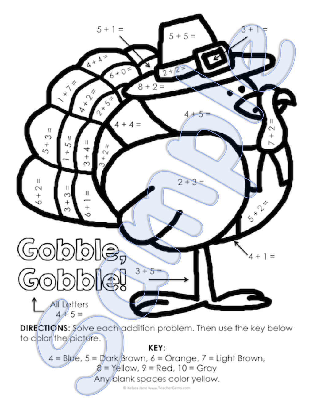 Thanksgiving color by number addition and subtraction to â teacher gems