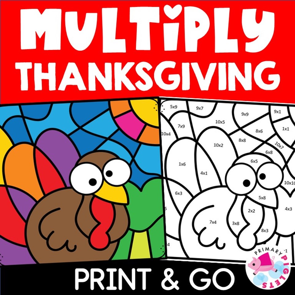 Thanksgiving multiplication color by number code math coloring pages