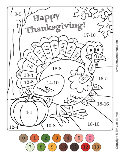 Thanksgiving color by numbers addition subtraction â tims printables