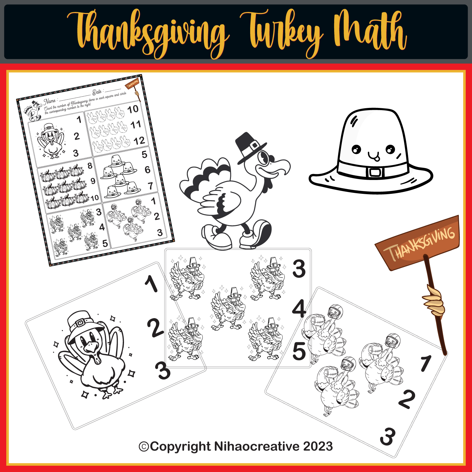 Thanksgiving turkey math activities page with coloring thanksgiving made by teachers