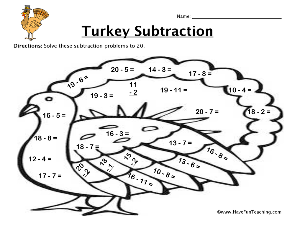 Thanksgiving turkey subtraction worksheet