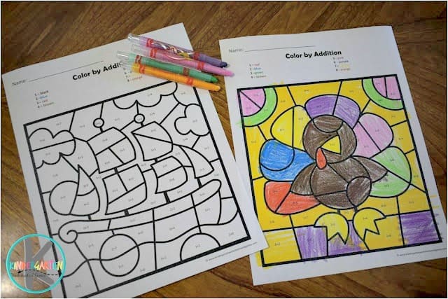 Free thanksgiving color by number addition