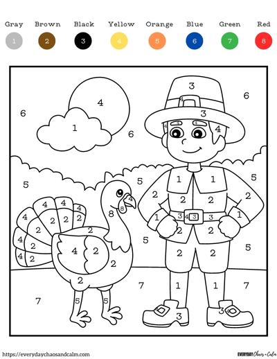 Free thanksgiving color by number pages for kids