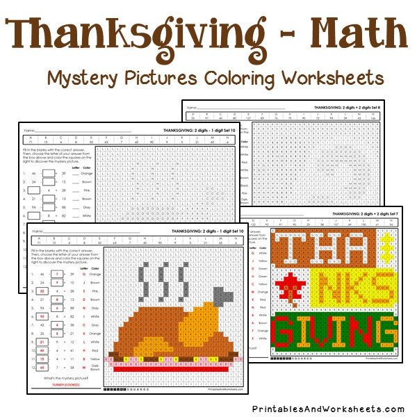 Thanksgiving math mystery pictures coloring worksheets bundle