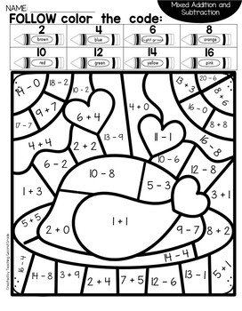 Thanksgiving color by number addition and subtraction