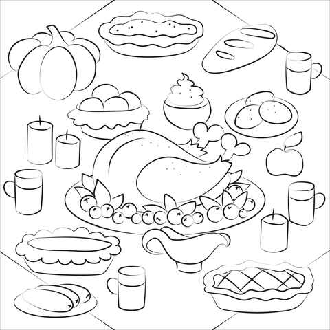 Thanksgiving dinner with turkey dish coloring page free printable coloring pages