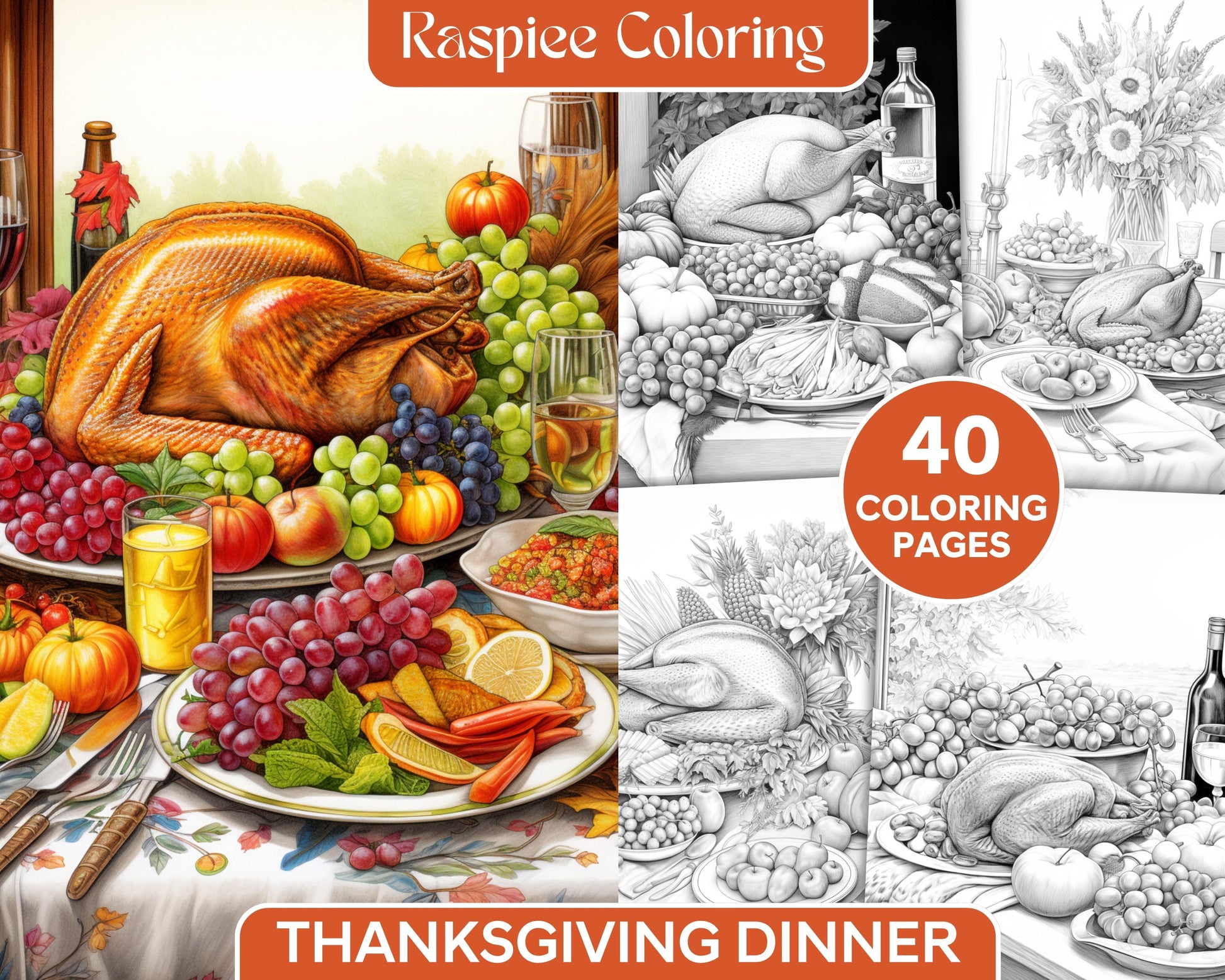 Thanksgiving dinner grayscale coloring pages for adults relaxing fall â coloring