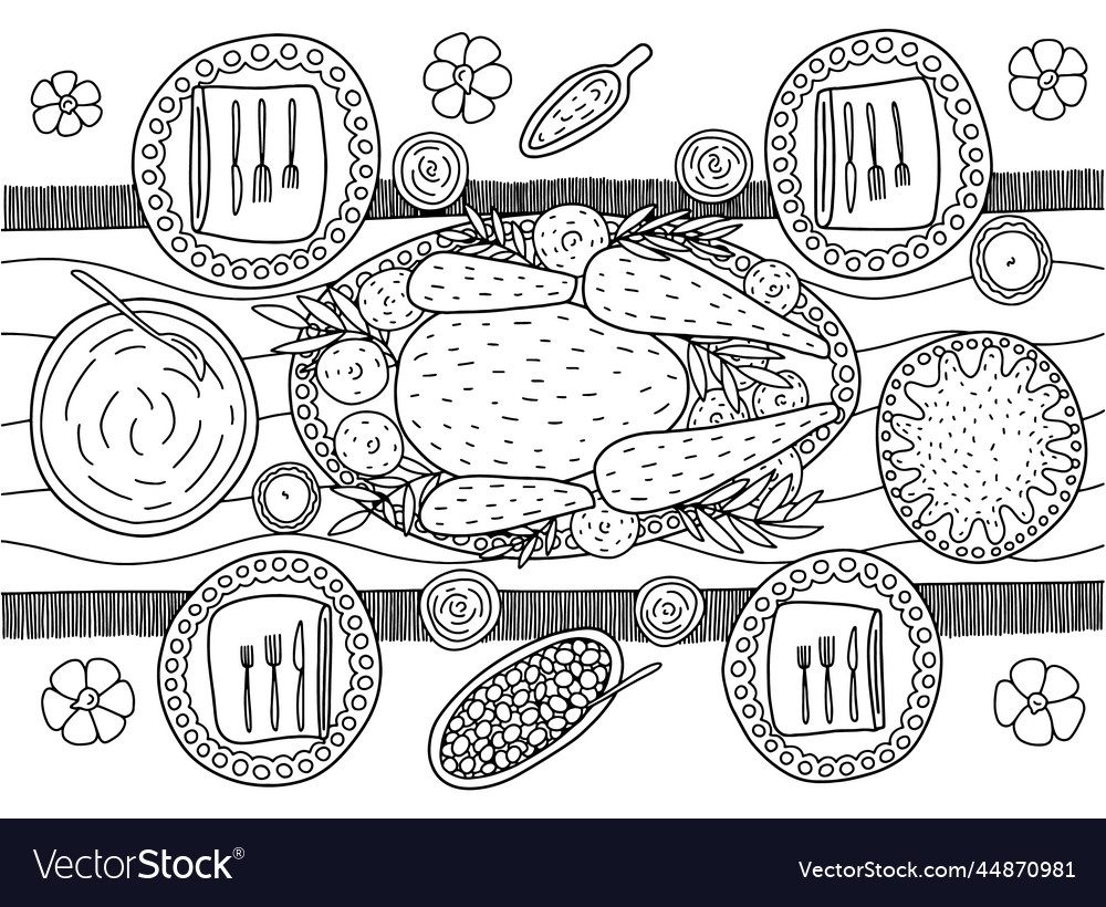 Coloring page with turkey dinner table top view vector image