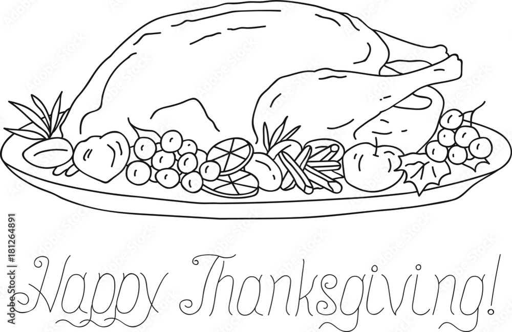 Hand drawn vector illustration grilled turkey on plate happy thanksgiving greeting coloring page template vector