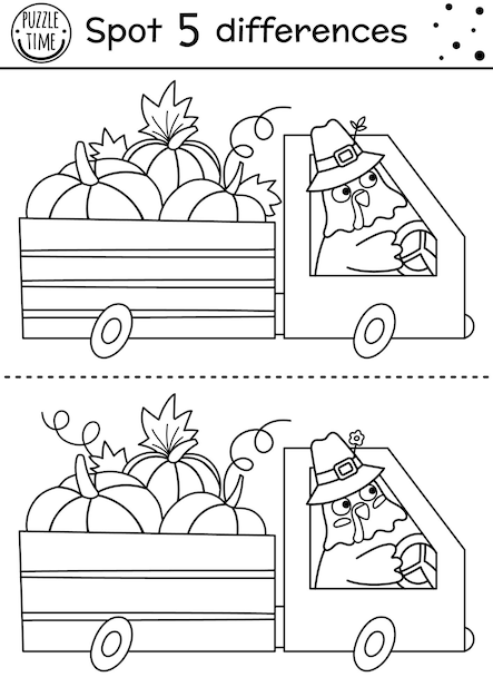 Premium vector find differences line game for children thanksgiving coloring activity with funny turkey driving a van with pumpkins fall printable worksheet autumn black and white holiday puzzle for kidsxa