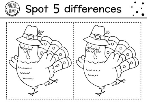 Find differences game for children thanksgiving black and white educational activity with funny turkey printable line worksheet autumn holiday puzzle for kids fall preschool coloring page vector