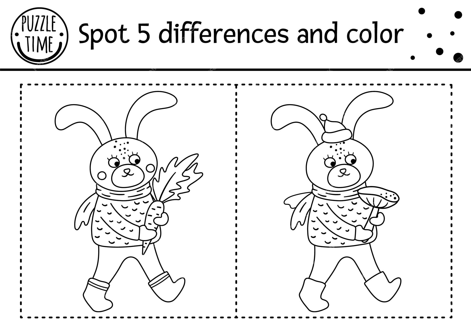 Premium vector autumn find differences game for children black and white educational activity and coloring page with hare carrying carrot fall season or thanksgiving printable worksheet with cute forest animal xa