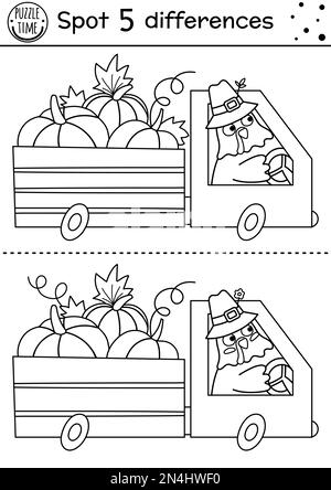 Find differences line game for children thanksgiving coloring activity with funny turkey driving a van with pumpkins fall printable worksheet autum stock vector image art