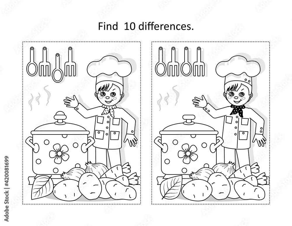 Vektorovã grafika âlittle chef in the kitchen find the differences picture puzzle and coloring page suitable for thanksgiving day holiday celebration fun activitiesâ ze sluåby