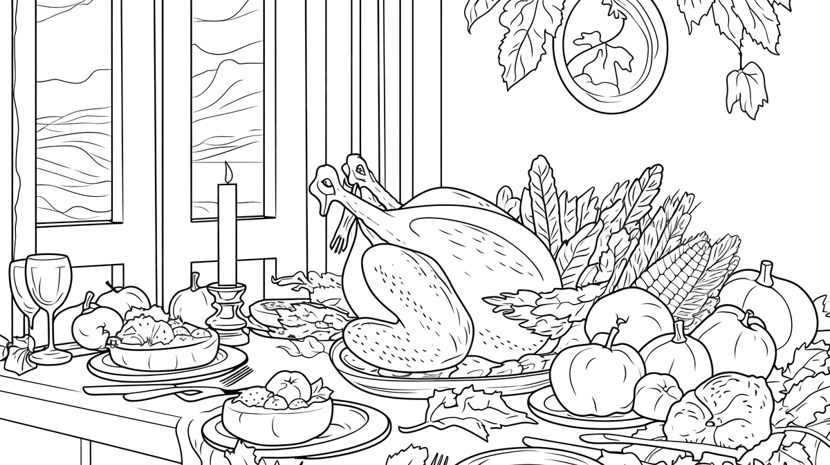 Thanksgiving table with turkey and other food coloring pages background picture of thanksgiving to color thanksgiving thanksgiving powerpoint background image and wallpaper for free download