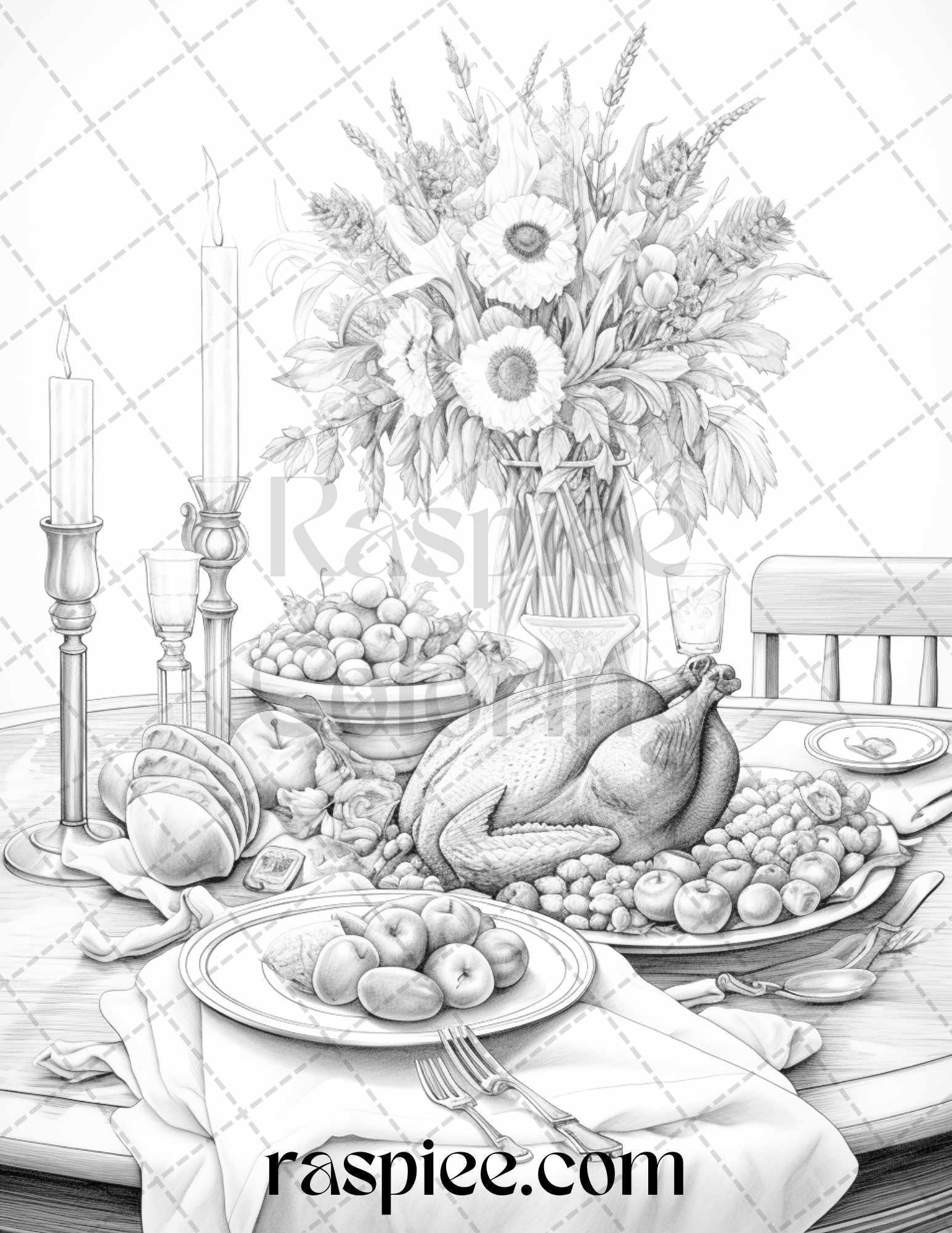 Thanksgiving dinner grayscale coloring pages for adults relaxing fall â coloring