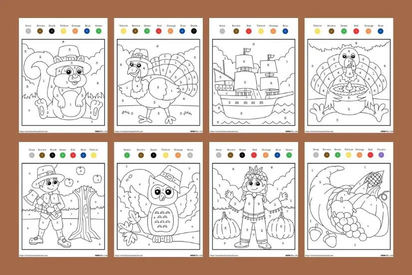 Free thanksgiving color by number pages for kids