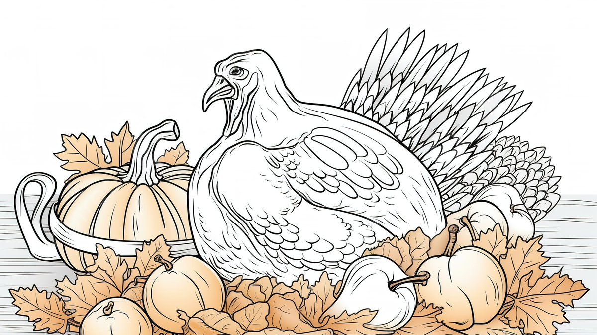 Thanksgiving coloring page turkey with autumn leaves and pumpkins background happy thanksgiving picture to color happy powerpoint thanksgiving powerpoint background image and wallpaper for free download