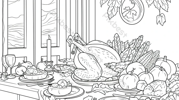 Thanksgiving turkey table with and other food coloring pages backgrounds jpg free download